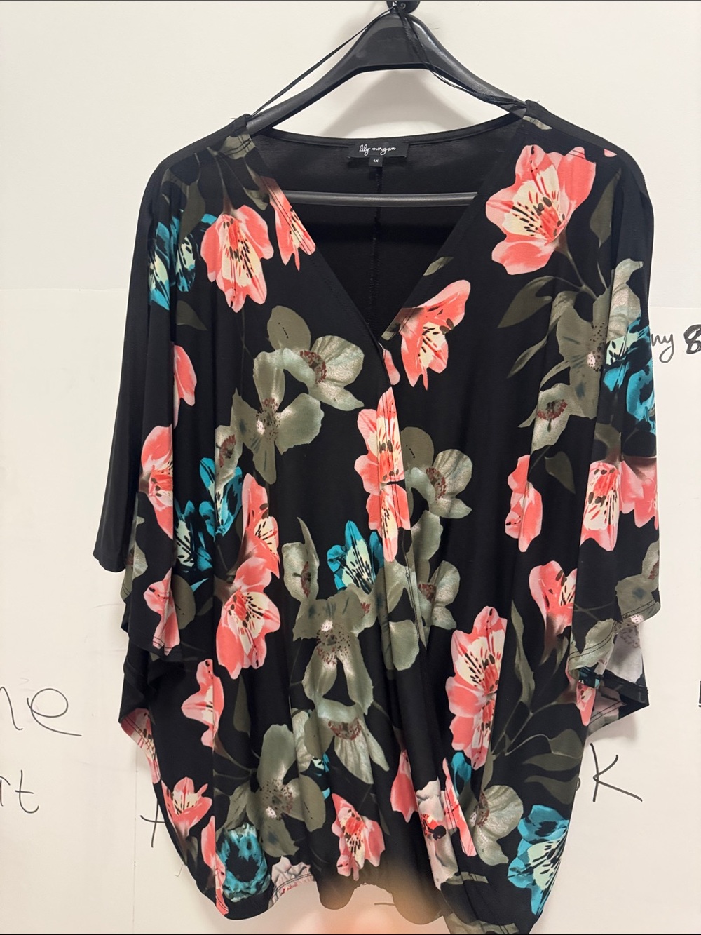 Lilly Morgan  Black Floral V-Neck Tunic with Coral and Teal Blooms